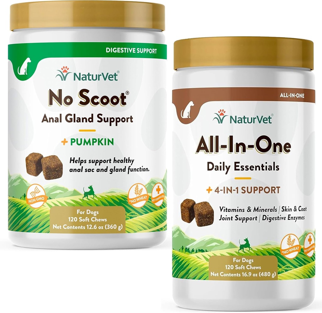 NaturVet All-in-One Dog Supplement - voor gezamenlijke ondersteuning, spijsvertering, huid, jasverzorging 120 zachte kauwen & geen scoot voor honden - 120 zachte kauwen - ondersteunt gezonde Anal Gland & Bowel functie