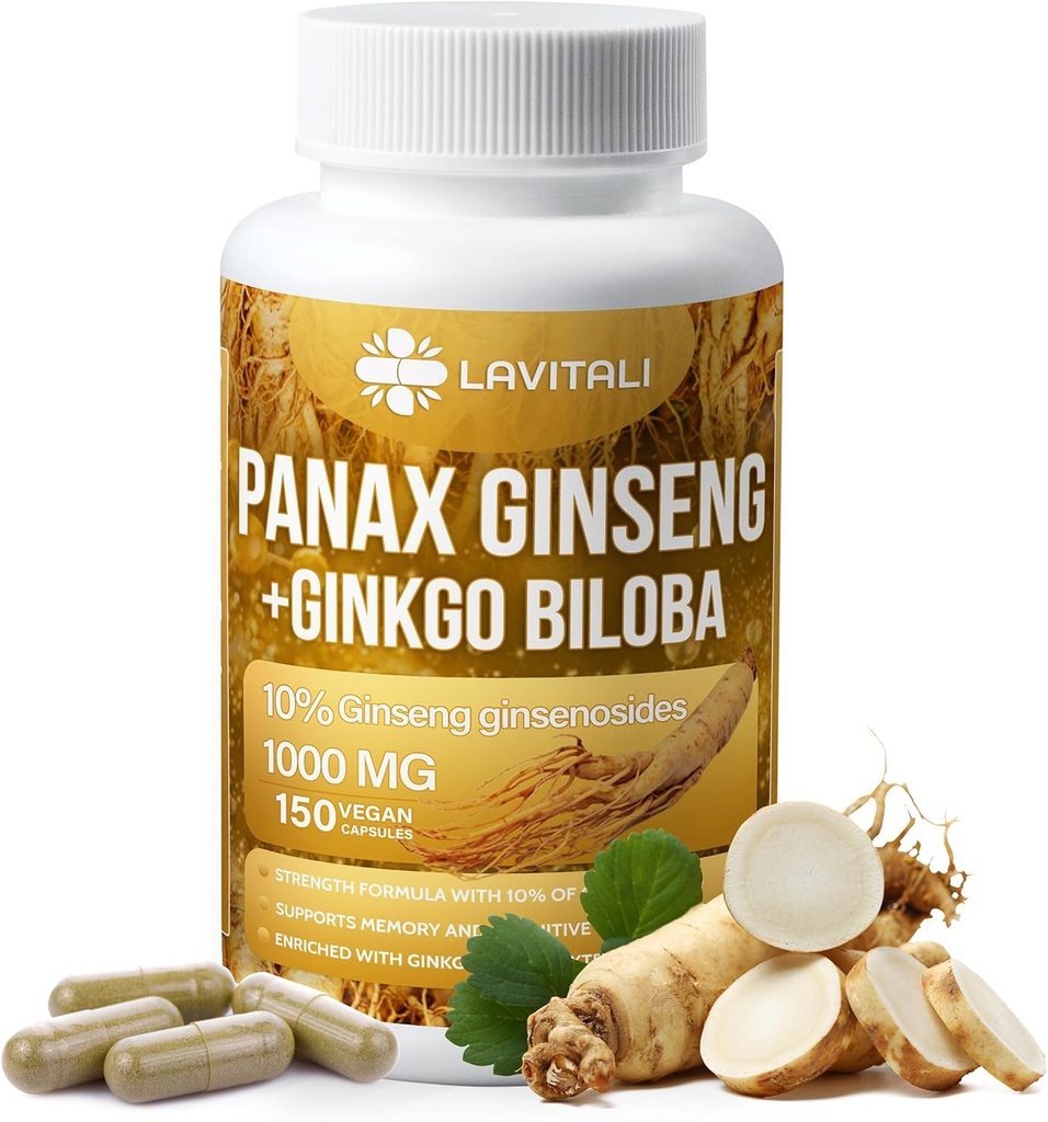 Ginseng & Ginkgo Biloba 150 Veggie Capsules, Energy Ginseng Root Extract Poeder, met Ginkgo Biloba Extract, 100% natuurlijk & niet-GMO, veganistisch, glutenvrij, zuivelvrij