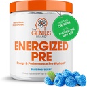 Genius Energized Pre Workout Powder Caféine Infused Pre-Workout Booster Supplement met Beta Alanine & Alpha GPC, Geen kunstmatige zoetstoffen of kleurstoffen - 200mg cafeïne, 20 porties, blauwe framboos