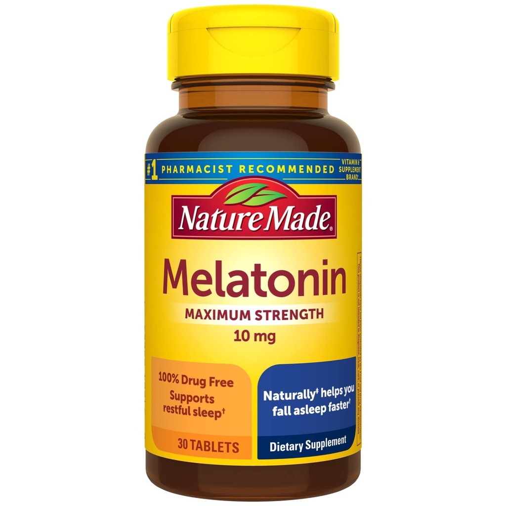 Nature Made Melatonine 10mg Extra sterkte tabletten, Dieetsupplement voor rustgevende slaap, 30 Tellen, 30 Dagen Levering