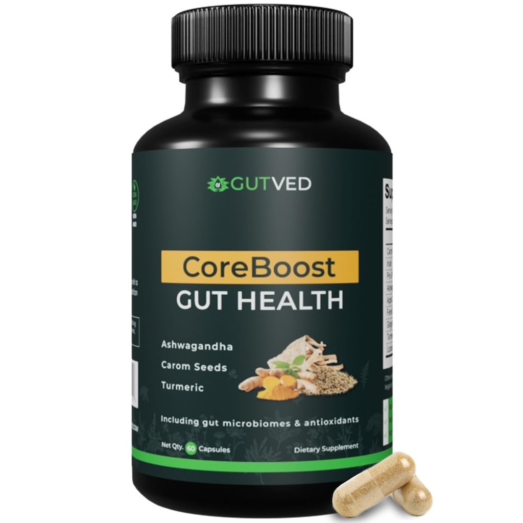 Gut Health Supplement Coreboost met Ashwagandha, Carom Seeds, Kurkuma - Prebiotica en probiotica voor vrouwen en mannen - 2 miljard CFU-beste voor de spijsvertering gezondheid, opgeblazen verlichting, gasreductie