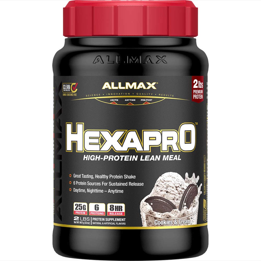 ALLMAX HEXAPRO, Cookies & Cream - 2 lb - 25 gram eiwit per portie - 8 uur Sustained Release - Zero Sugar - 21 porties