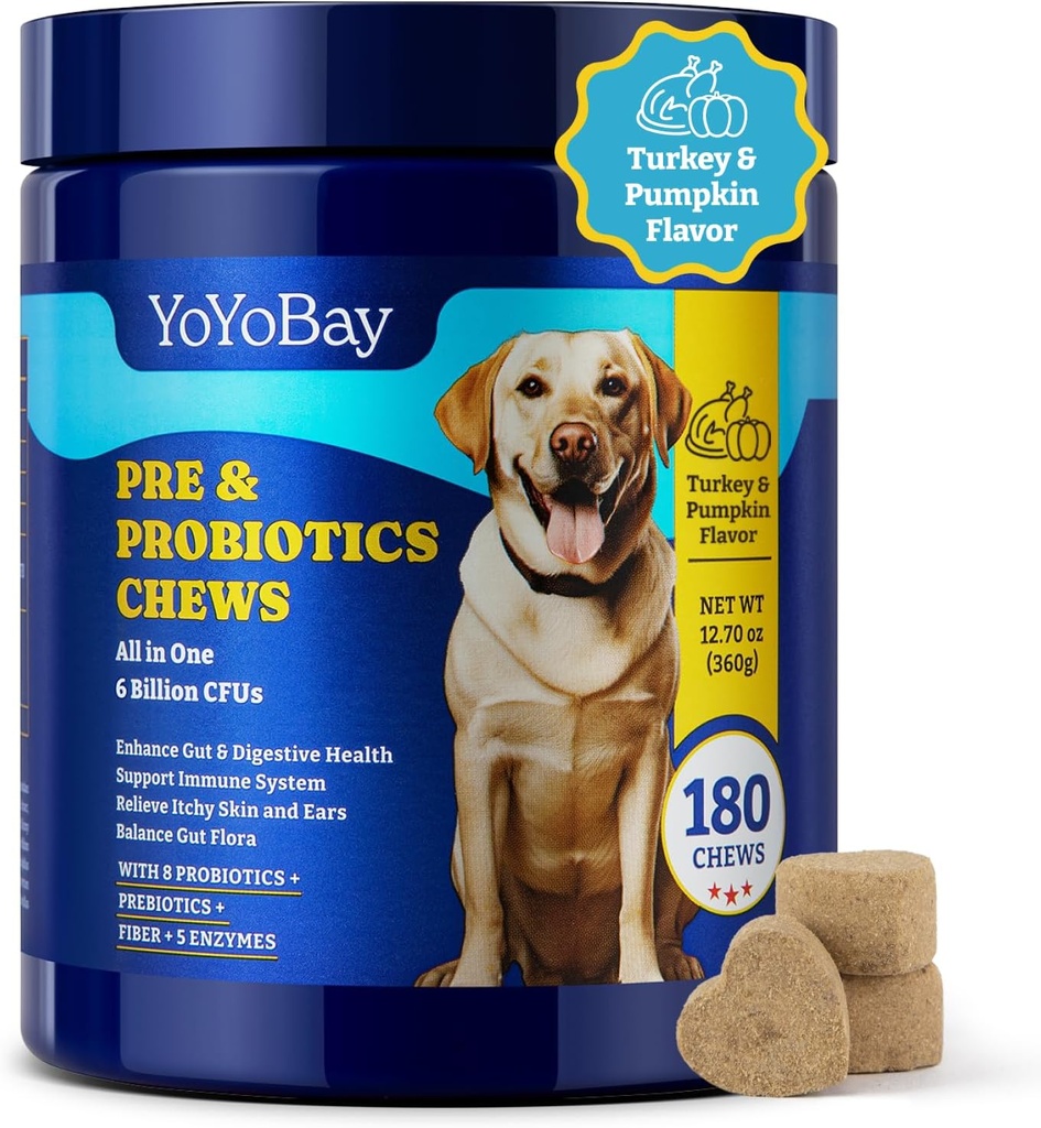 Probiotica voor honden - 6 miljard CFU, hondenprobiotica met prebiotica en spijsverteringsenzymen voor darm, immuun- en huidgezondheid - Turkije & pompoen smaak, 180 zachte kauwen