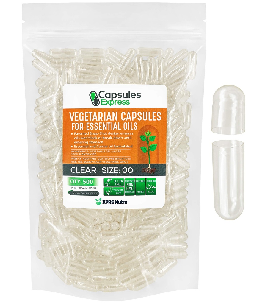 XPRS Nutra Maat 00 Lege Vegan Capsules - 500 Tel Clear Veggie Capsules voor essentiële oliën - Lege plantaardige caps - DIY vullen werkt met de meeste olie
