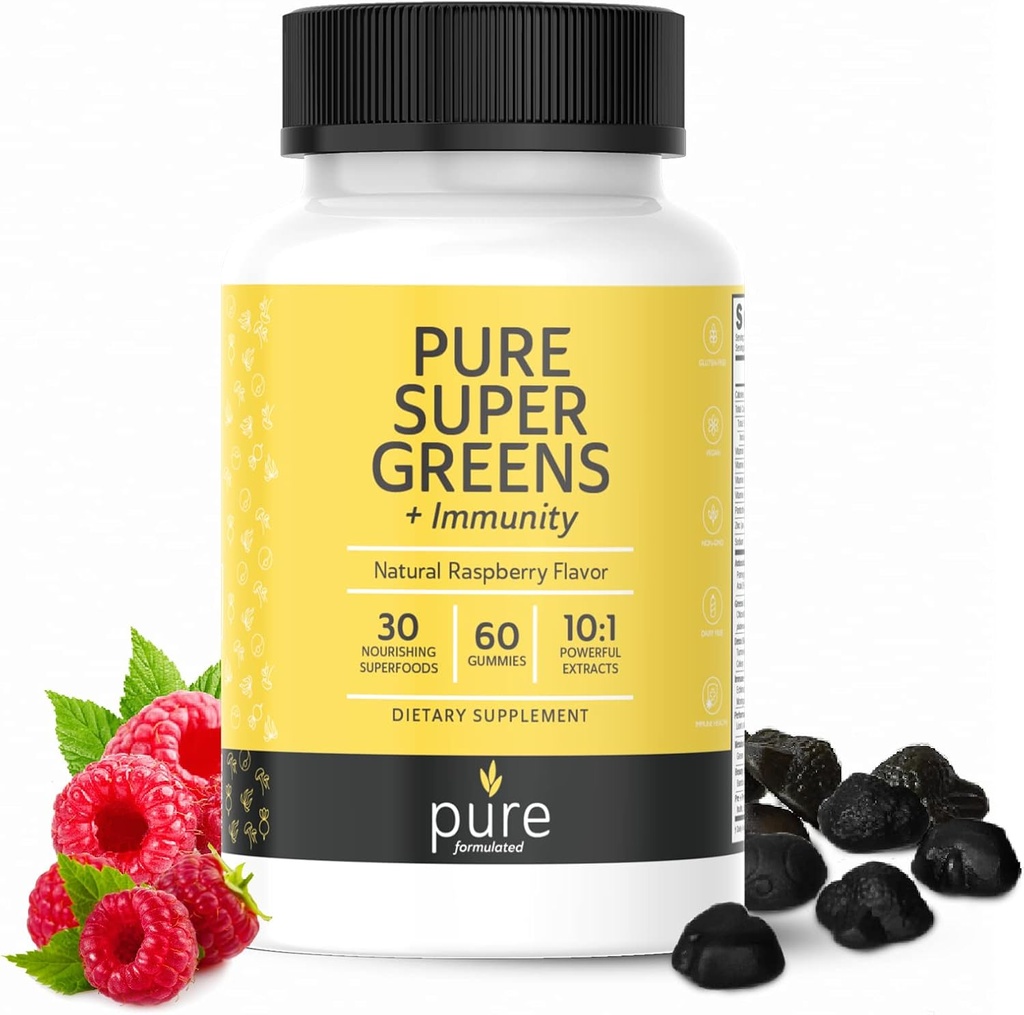 Super Greens Multivitamine Gummies voor volwassenen en kinderen Immune Ondersteuning Gummies - 30 Superfoods Vegan Supplementen - Natuurlijke Raspberry Flavor (60 Tellen)