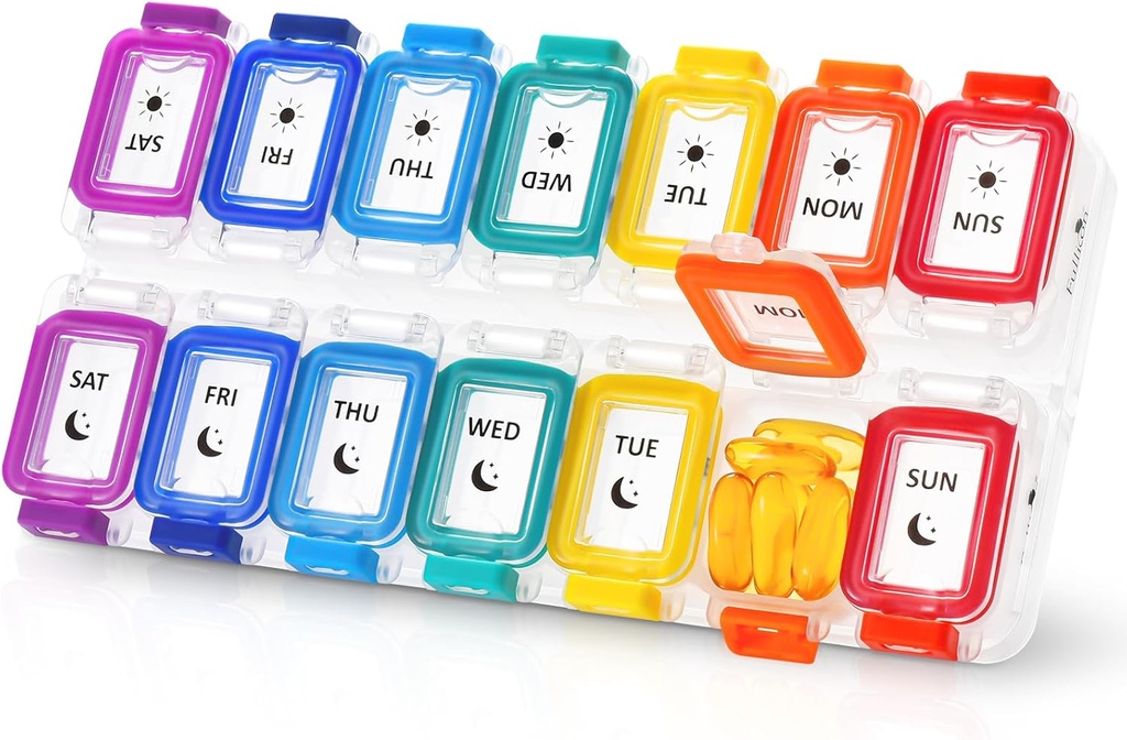 Fullicon Vocht Proof Pillen Organisator 2 keer per dag, Grote Pillendoos 7 dagen, Spill Proof Pillendoos, Reizen Pillendoos, Medicine PillenOrganisator met Veilige deksels, Dagelijkse PillenOrganisator (Rainbow Clear)