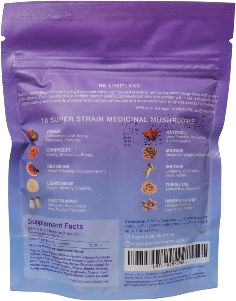 Highvibe Paddenstoelen Ongelimiteerde paddopoeder, 10-in-1 paddomix, volledig spectrum Mycelium en vruchtlichaam, biologisch, veganistisch, kosjer, GF, geconcentreerde energie