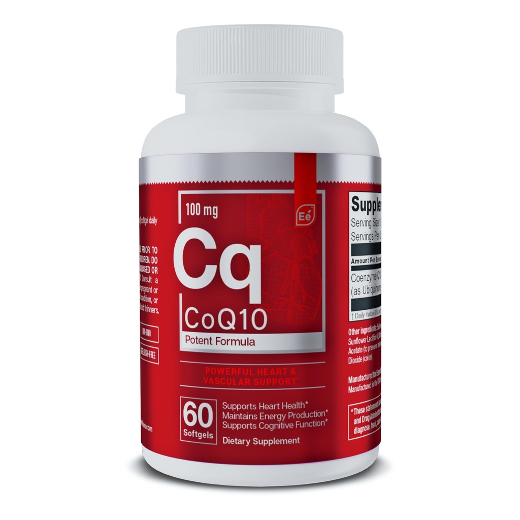 Essential Elements CoQ10 100mg Softgels for Heart, Brain, and Vascular Support - Comprehensive Coenzyme Q10 Supplement Formulated for Optimal Absorption - 60 Count, 2 Month Supply