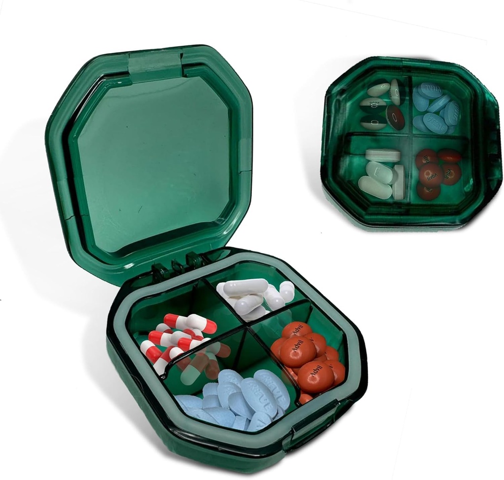 Reizen pil Organizer - Duurzame, waterdichte pil Case Travel Grootte met 4 Compartiments - Compacte pil Travel Case voor Vitaminen, Supplementen, Geneeskunde - Reizen pil Container voor Purse (Groen)