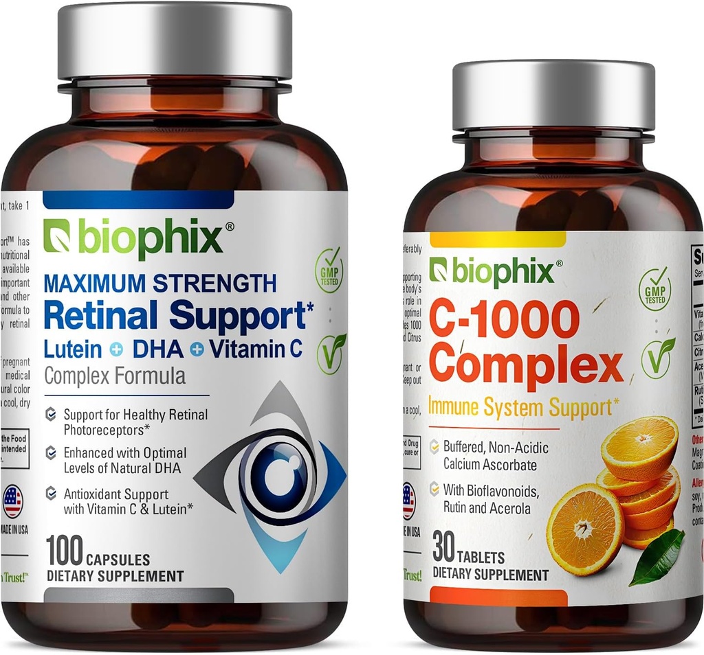 biophix Retinale Ondersteuning Maximale sterkte Complexe Formula 100 Capsules - Gratis C-1000 30 tabletten - Zink Vitamine C E Lutine DHA Omega-3 Astaxanthine Hyaluronzuur - Ondersteunt Oogzicht Gezondheid