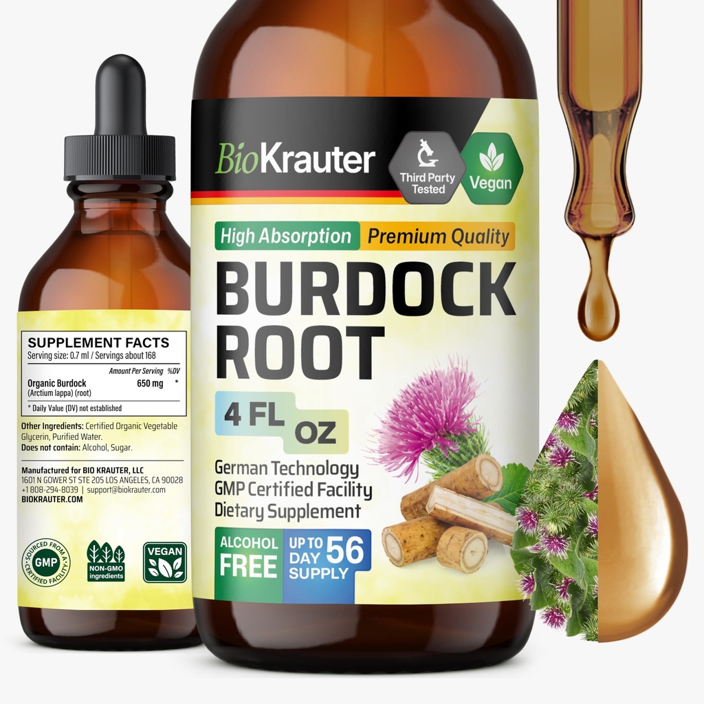 BIO KRAUTER Burdock Root Tinctuur - Antioxidant Ondersteuning Liquid Supplement - Burdock Root Extract - Alcohol en Suikervrij - Vegan Drops 4 Fl.Oz.