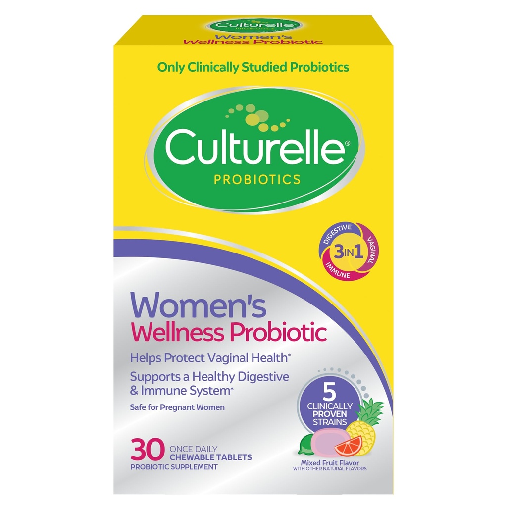 Culturelle Vrouwen Wellness, Dagelijkse Kauwbare Probiotica voor vrouwen - Ondersteunt Digestieve, Vaginale en Immuun Gezondheid, Af en toe diarree, Gas & Bloating - Niet-GMO - 30 Tel.
