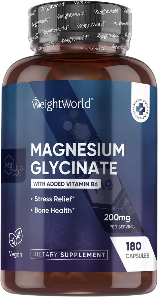WeightWorld Magnesium Glycinate Capsules 200mg - 180 Capsules (3 Months) with Vitamin B6 - Bioavailable Magnesium Glycinate Supplements - Third-Party Tested, Vegan, Non-GMO, & Allergen-Free