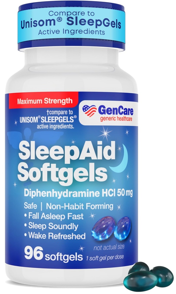 GenCare Maximum Strength Nighttime Sleep Aid Supplement for Adults Deep Sleep Pills with Diphenhydramine HCl 50mg to Fall Asleep Faster- Strong Non-Habit Forming PM Sleeping Relief [96 Softgels]