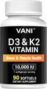 VANI-vitaminen D3 (10000iu/250mcg) + K2 (als Mk7), voor bot & spier & tanden gezondheid, 90 SOFTGELS