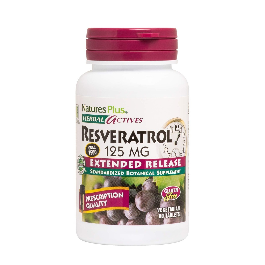 Natures Plus Herbal Actives Resveratrol, Extended Release - 125 mg, 60 Vegetarische tabletten - Glutenvrij - 30 porties