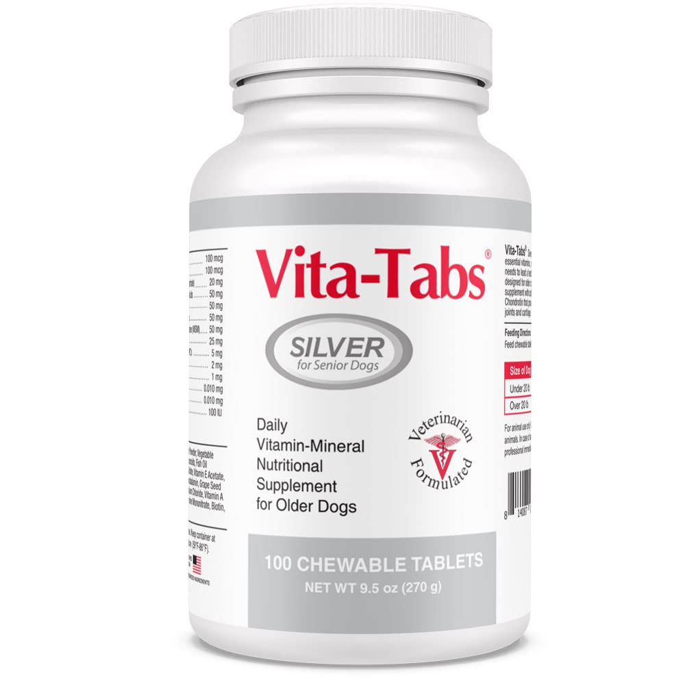 Zilver - Vitaminen, Mineralen, Nutriënten - Ondersteuning voor senior hond - Supplement voor gezonde botten, gezamenlijke, energie, immuunsysteem - 100 kauwtabletten