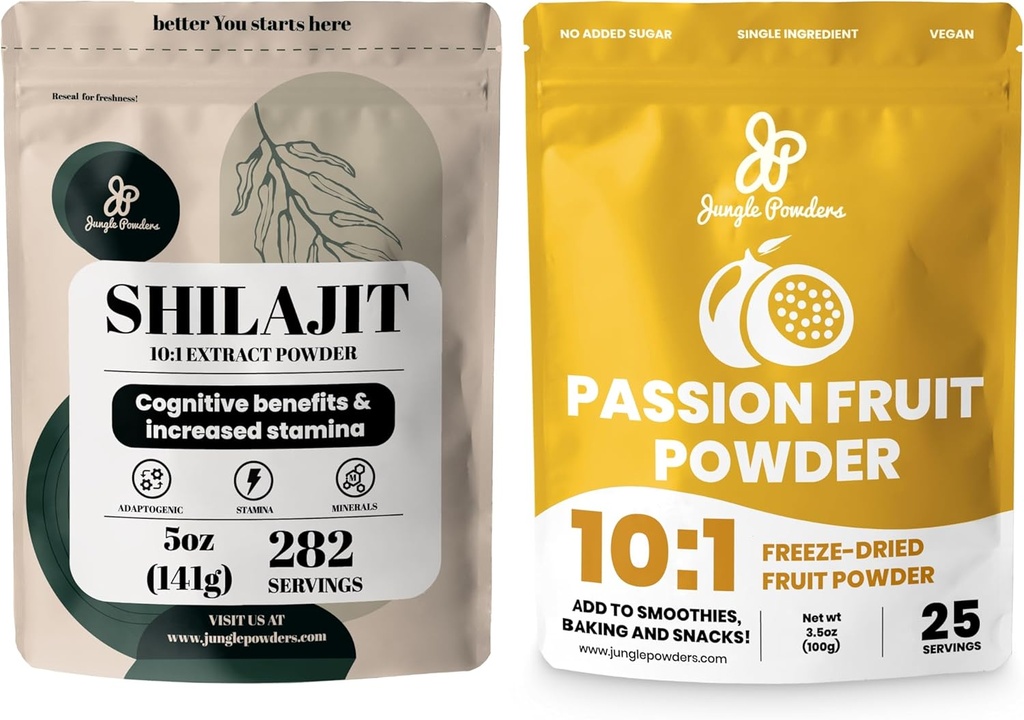 Jungle Powders Premium Duo: 5oz Raw Shilajit & 3.5oz Passion Fruitpoeder - Heren energiesteun, Immune Boost, met Freeze gedroogd Passion Fruitpoeder voor het bakken, Smoothies, Additive-Free Extract