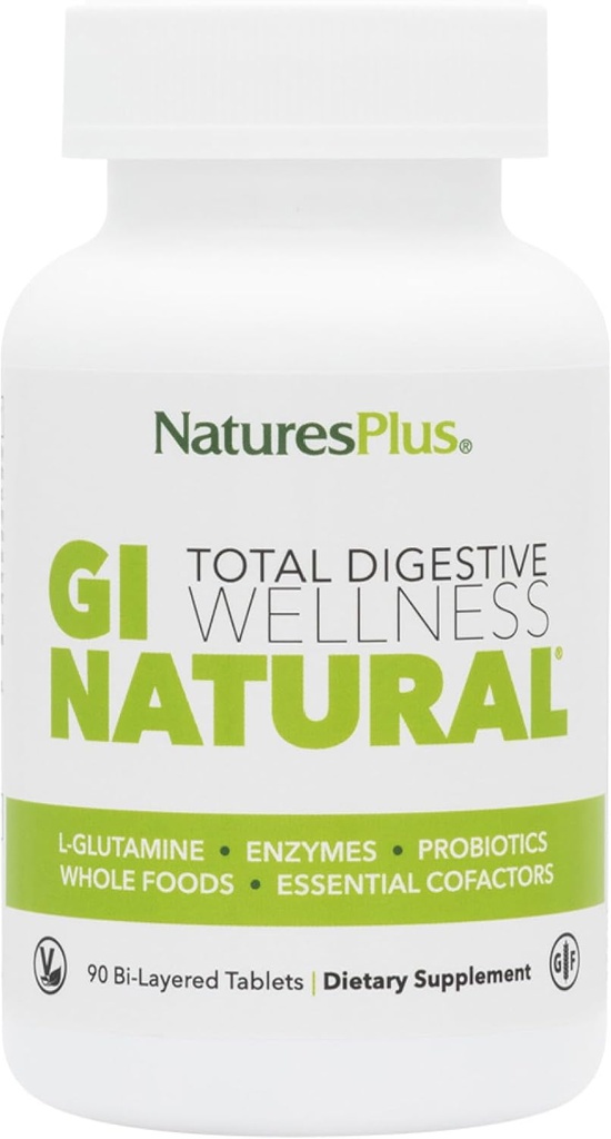 Natures Plus GI Natural Total Digestive Wellness - 90 Bi-Layered Tablets, Pack of 3 - met L-Glutamine, Probiotica, Prebiotica & Enzymen - Glutenvrij - 90 Totaal porties