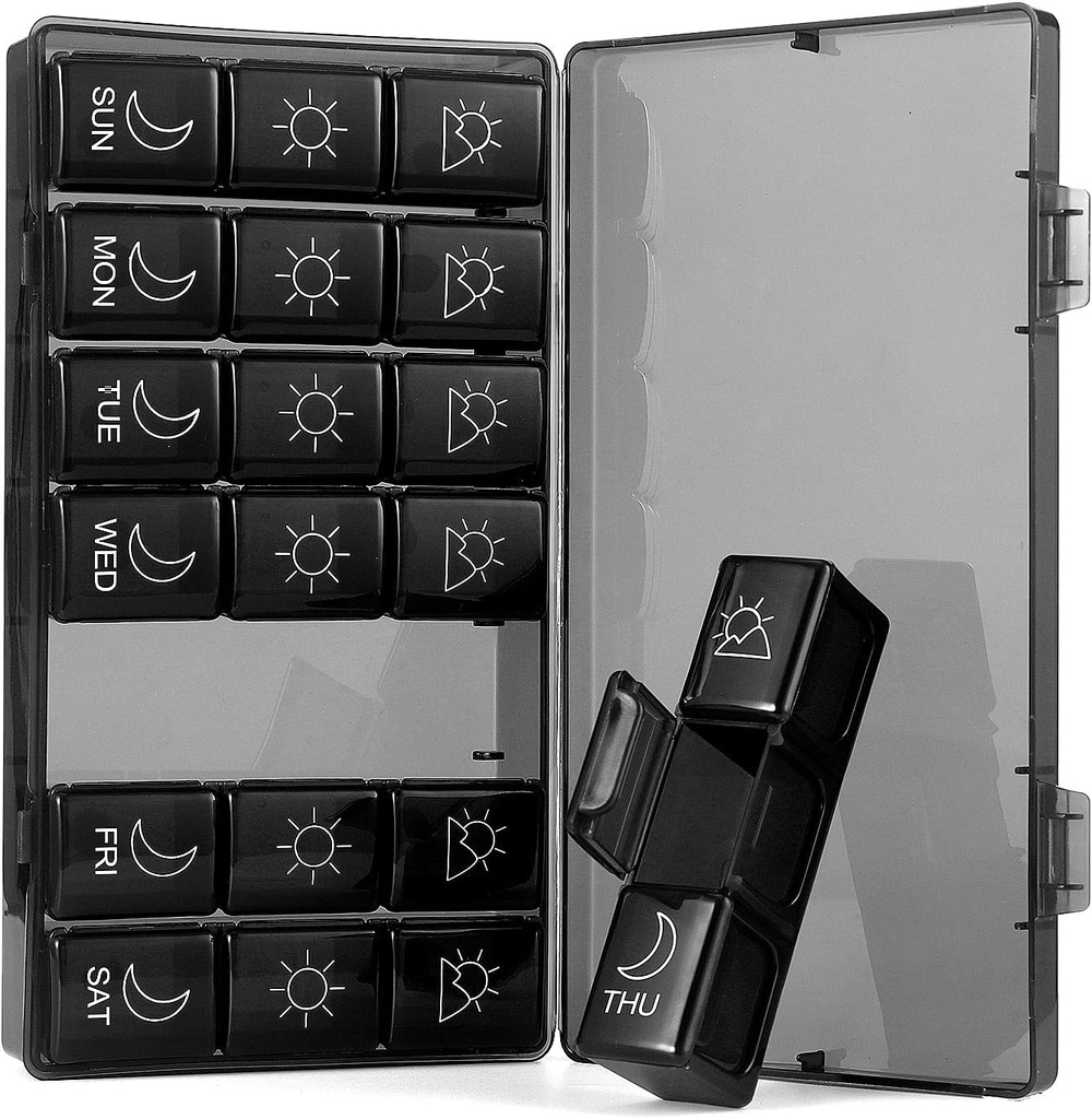 Weekly Pillen Organizer 7 Dag 3 Times, Portable Pillen Organizer, BPA Gratis Pillen Case, Travel Daily Pillen Box Herinnering, Medicatie Organisator voor Vitaminen, Supplementen (Black1)