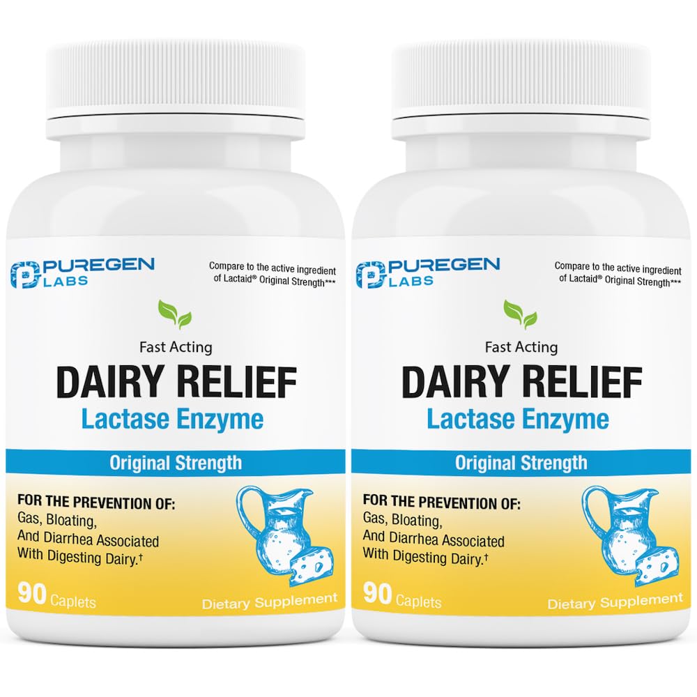 Purgen Labs Dairy Relief Natural Fast Acting Lactase Enzyme 3000 FCC, Lactose Intolerance Pillen 2 Pack - 180 Caplets Totaal