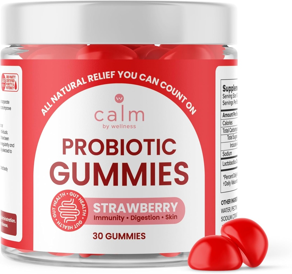 Kalm door Wellness Probiotic Gummies, Aardbei-smaak, All-Natural Vegan Probiotics voor volwassenen, 10 miljard CFUs, Probiotic voor spijsverteringsregulariteit, Immuniteit, Huidgezondheid en Gut Health