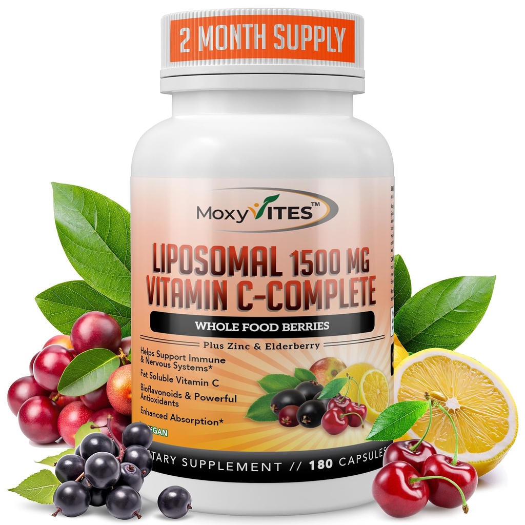 Liposomale vitamine C met zinkcapsules - Vit C Biologische vlierbessen, Amla, Camu Camu-vitaminea C Hoge Absorptie, Anti Veroudering, Immuunondersteuning, 1500mg/Serving 3 maanden Glutenvrije non-GMO Veggiecaps