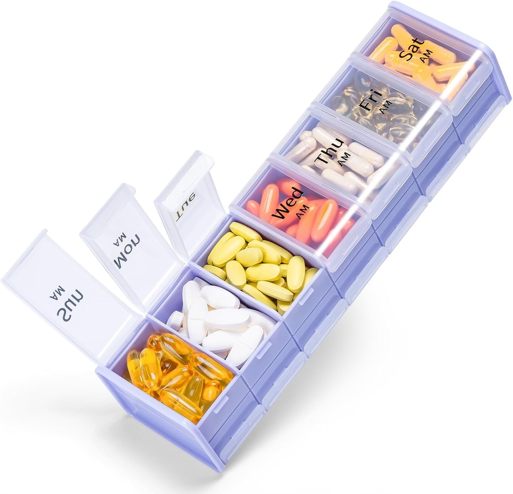 Extra grote week pil Organizer 2 keer per dag - Betife 7 dagen pil Box, AM PM pil geval met dubbele laag Jumbo Compartiment voor pillen, vitamine, visolie, supplementen(Puple/White)