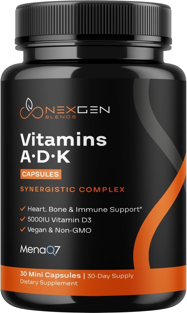 High Absorption ADK Vitamin Supplement - Vegan Vitamin D3 K2 MK7 & A for Calcium Regulation Plus Bone Heart Thyroid & Immune Support - Vitamin ADK with 5000IU D3 Non GMO & Gluten Free (1 Months)