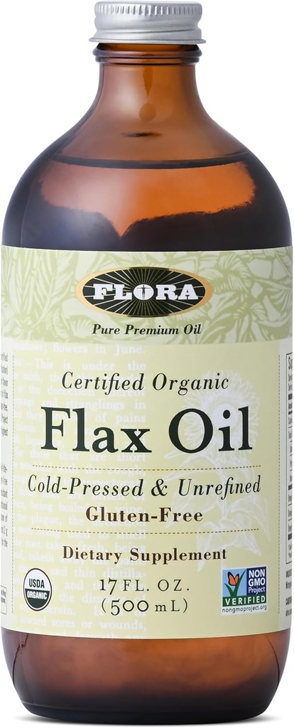 Flora - Vlasolie - Koudgeperst, niet geraffineerd, Organische Vlaszaadolie - Bevat Omega-3 & Omega-6 - Non-GMO & Glutenvrije - Houd gekoeld - 17 fl. oz. Amberglasfles