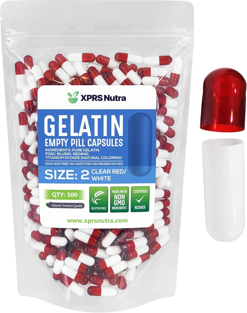 XPRS Nutra Maat 2 Lege capsules - 500 Telle Lege Gelatine Capsules - Pillen DIY Capsule Vulling - Pure Bovine Pill Gel Caps for Do-It-Yourself Supplements (Clear Red/White)
