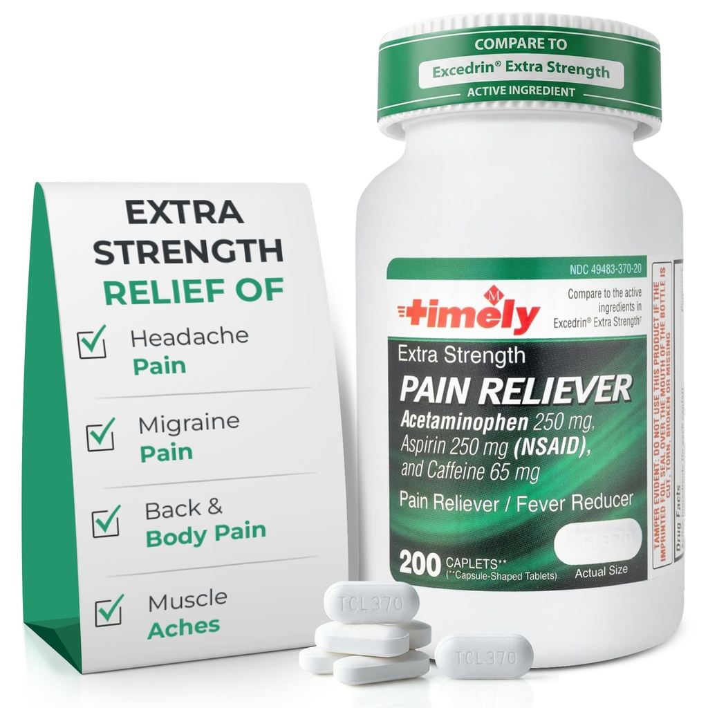 TIME-CAP LABS, INC. Tijdige extra sterkte Hoofdpijn Verlichting - Acetaminofen met aspirine en cafeïne (200 capleten) - Hoofdpijn, migraine en rug- en spierpijn - Extra sterkte - Made in USA