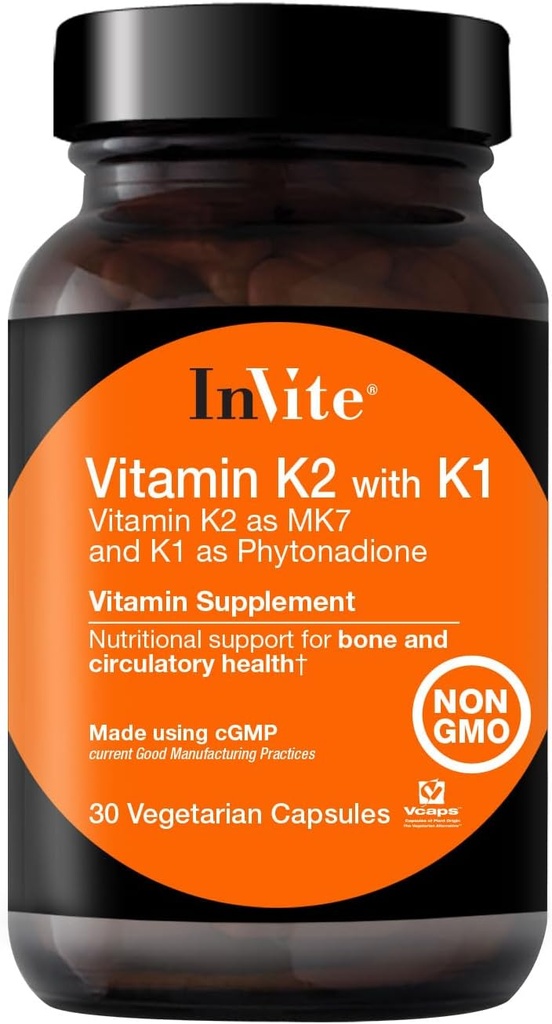 Invite Health Vitamine K2 met K1 - Ondersteunt bot en Circulatory Health - Vitamine K2 als MK7 en K1 en Phytonadion - 30 Vegetarische Capsules