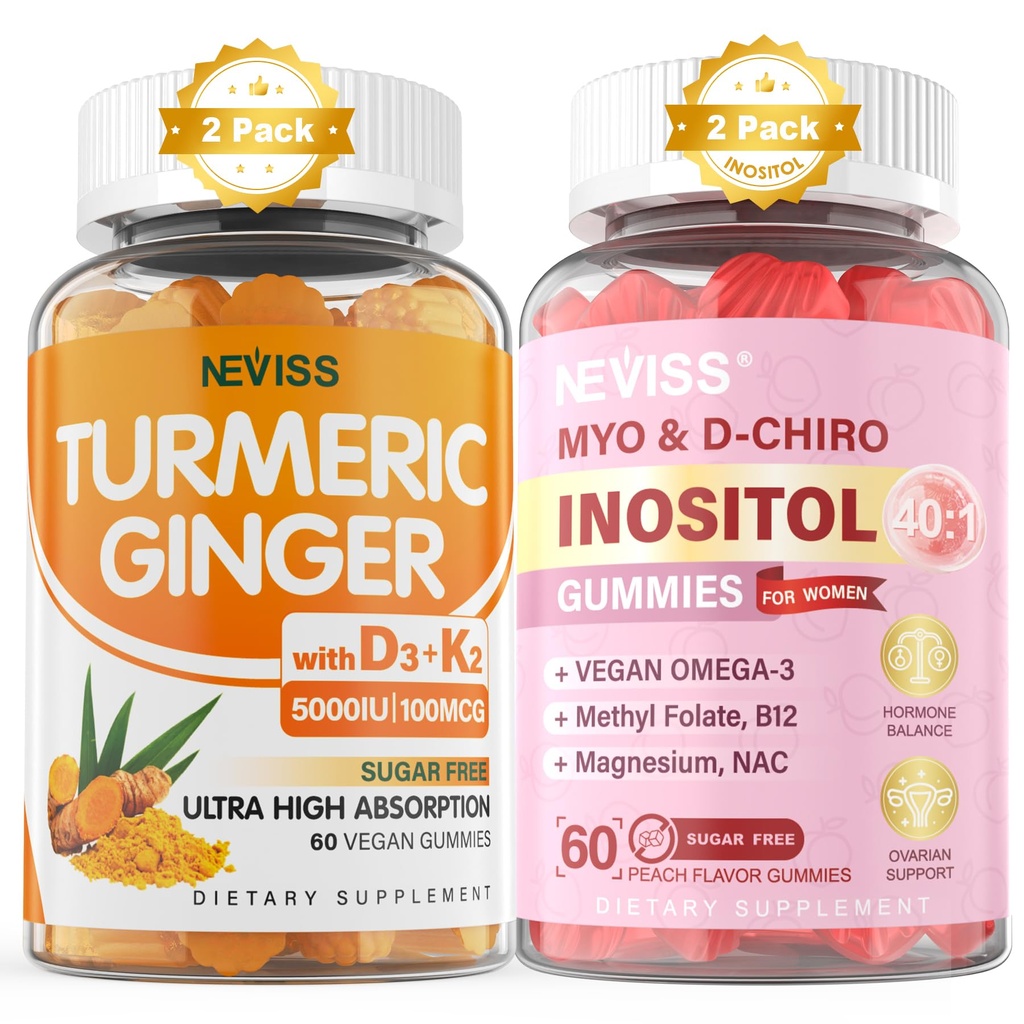 Suikervrij 2pack Kurkuma Gember Gummies & 2pack Myo-Inositol & D-Chiro Inositol Gummies