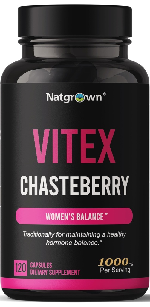 Natgrown Vitex Chasteberry Supplement voor vrouwen 1000 mg - Ondersteunt Hormone Balance & Fertility - Agnus Castus Chaste Tree Vitex Berry Fruit Extract Capsules - 120 Ct