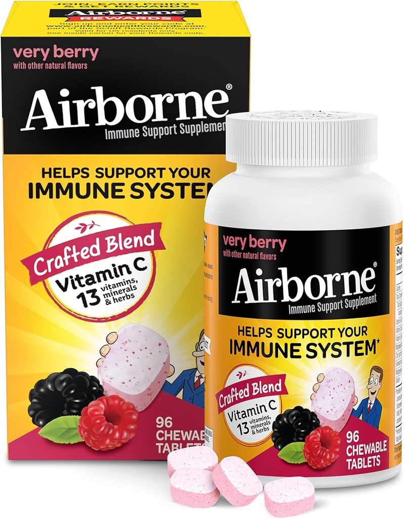 Airborne 1000mg Vitamine C Kauwtabletten met Zink, Immuun Ondersteuning Supplement met Krachtige Antioxidanten Vitaminen A C & E - 96 Kauwtabletten, Zeer Berry smaak