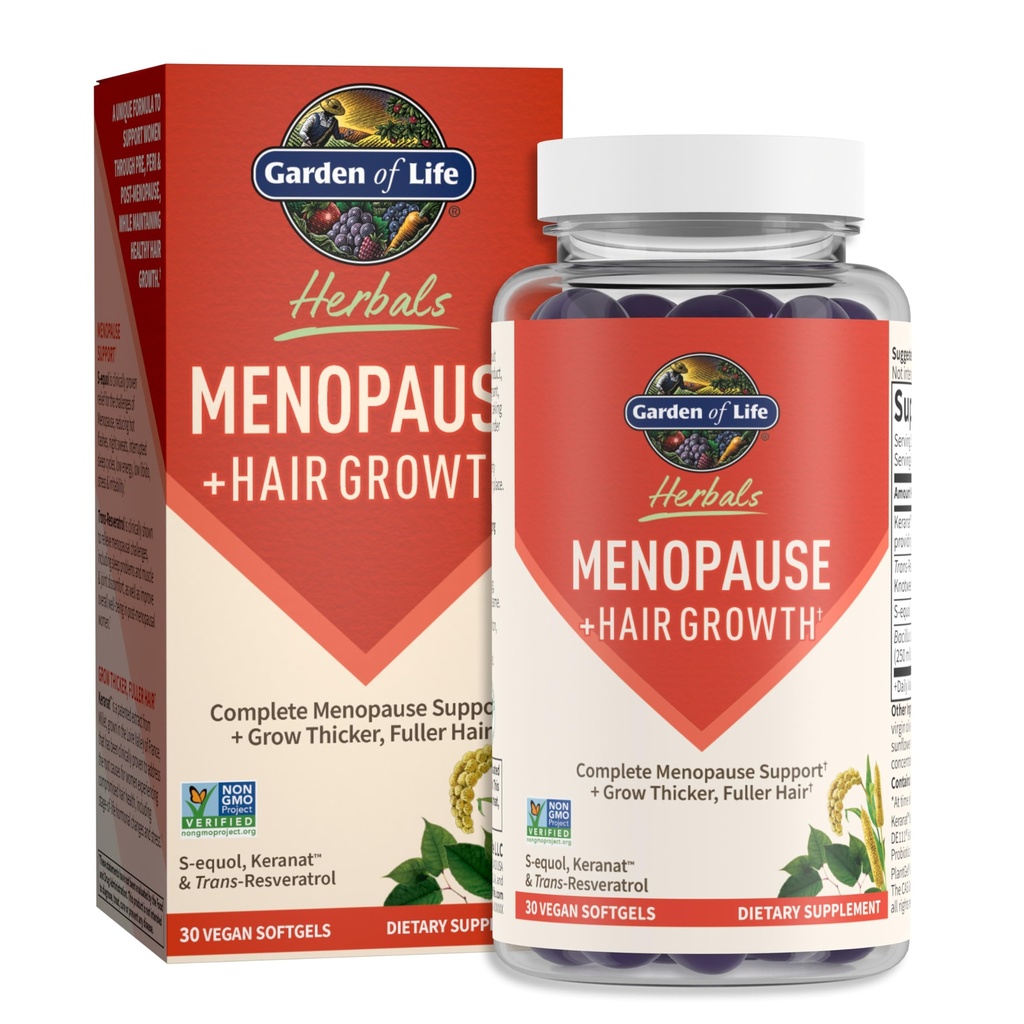 Tuin van het leven Kruiden Menopauze Supplement met S-equol & Trans-Resveratrol voor Multi-Symptoom Relief, Keranat voor Thicker, Fuller Haargroei, Glutenvrije, Veganistische, Berry smaak, 30 porties