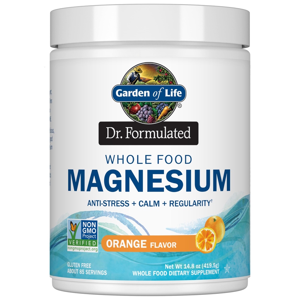 Garden of Life Dr. Formulated Whole Food Magnesium 419,5g Powder - Orange, Chelated, Non-GMO, Vegan, Kosher, Gluten & Sugar Free Supplement with Probiotics - Best for Anti-Stress, Calm & Regularity