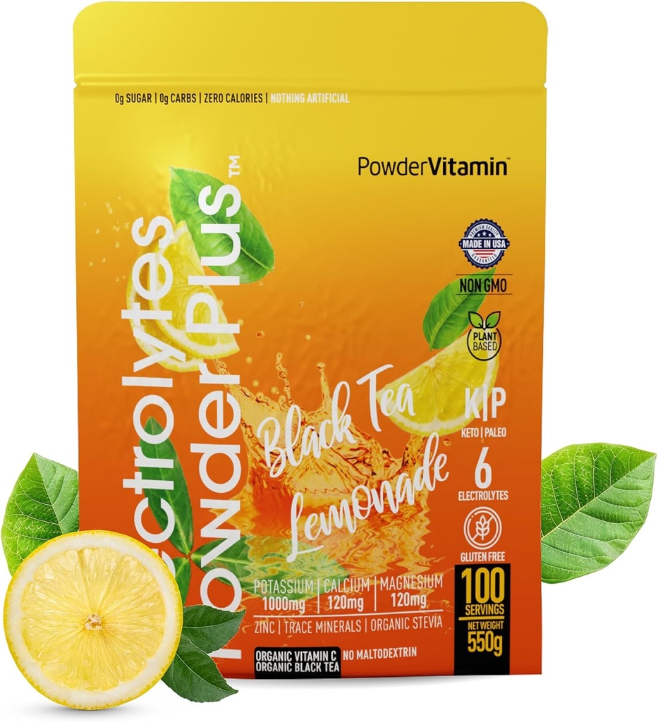 PoederVitamine Electrolytes Powder Plus (100 porties) Black Tea Limonade Electrolyte Powder Zero Calorie Keto,0 Sugar, No Maltodextrine,1000mg Kalium,120mg Calcium,120mg Magnesium, Hydration Powder