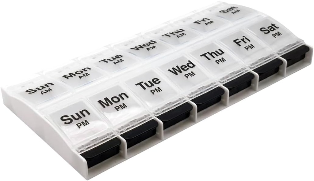 EZY DOSE Push Knop (7 dagen) Pill Case, Medicine Planner, Vitamine Organizer, 2 keer per dag, AM/PM Container, X-Large Compartments, Artritis Vriendelijke, Gemakkelijk te gebruiken, Duidelijke deksels, Clear/Black, BPA Vrij
