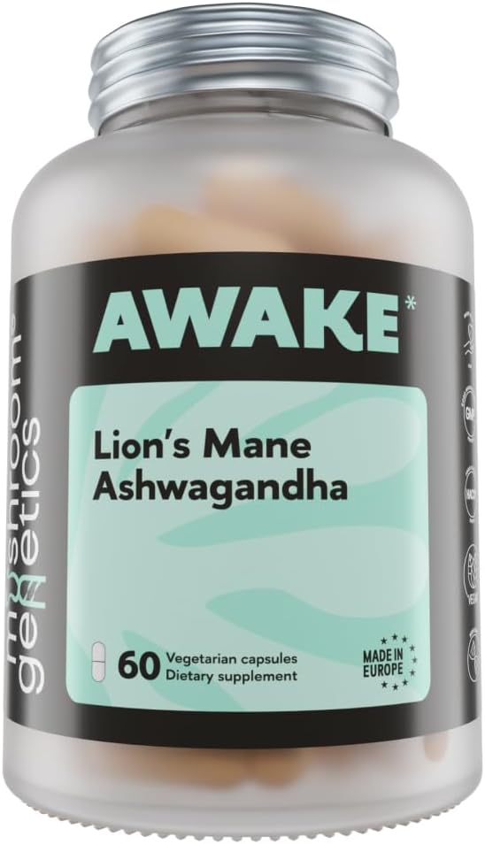 Paddestoelen Genetica Leeuwen Mane & Ashwagandha Supplement Capsules - Nootropic Mushroom for Brain, Memory & Stress Relief Body & Ashwagandha Root for Focus, Energy & Wellness 60 Capsules