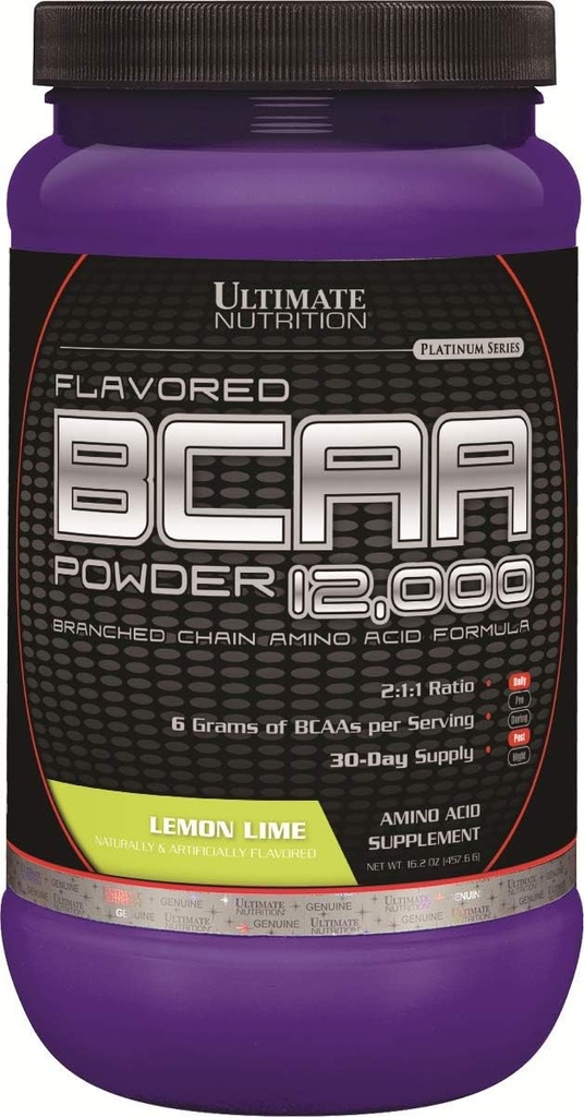 Ultimate Nutrition Flavored BCAA Powder 12,000, Post Workout Recovery Drink, 3g Leucine 1.5g Valine 1.5g Isoleucine, Branch Chain Amino Acids Supplements for Muscle Recovery, 60 Servings, Lemon Lime