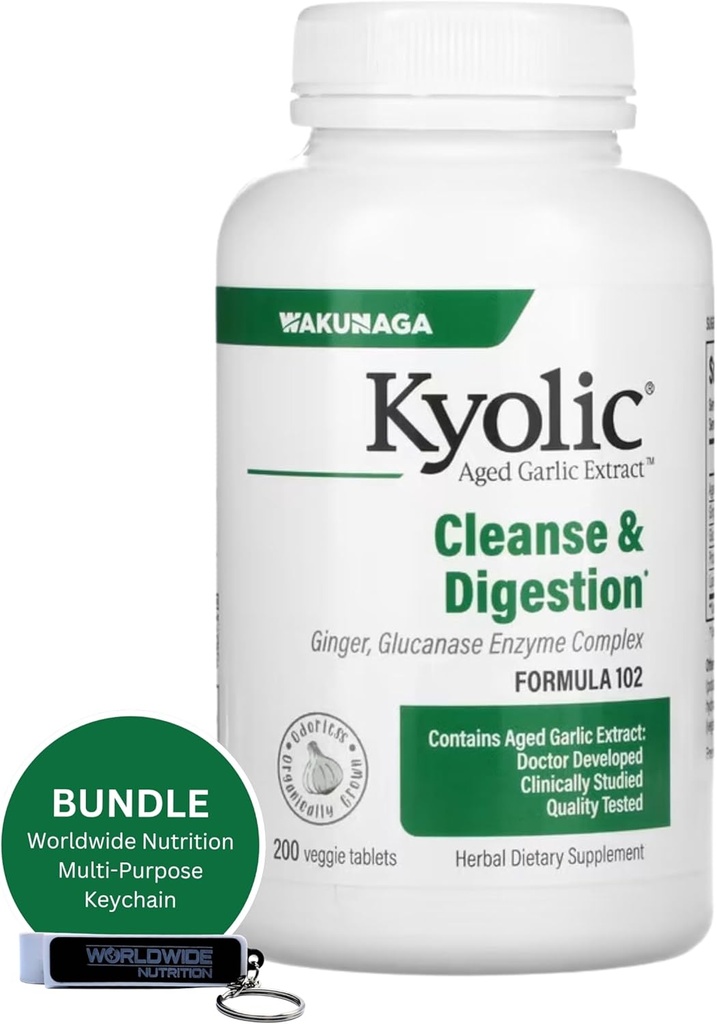 Worldwide Nutrition Bundle: Kyolic Aged Knoflook Extract 200 Veggie Tablets Formule 102 Reiniging en spijsvertering - Verrijkt met Knoflook Gember Supplement - 200 Tellingen met Multi-Purpose Key Chain