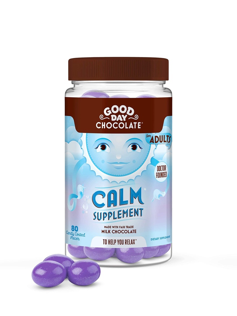 Good Day Chocolate Natural Calming Supplement voor volwassenen, Blend van Kamille, Theanine, Magnesium, Fair Trade en Non-GMO Chocolade, 80 stuks