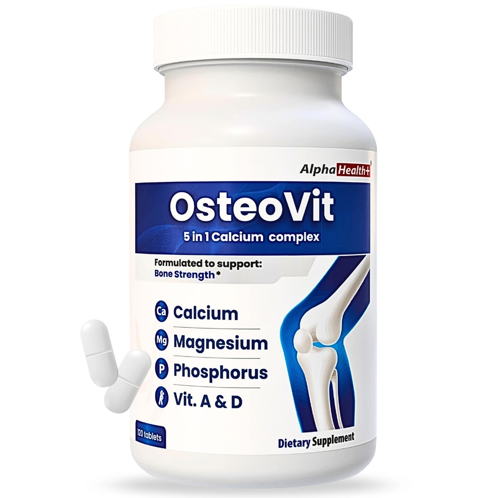 OsteoVit 5-in-1 Calcium 120 tabletten Multivitamine: Calcium, Magnesium, Fosfor, Vitamine D3 & A - Botsterkte & flexibiliteit*, Non-GMO Glutenvrij calciumsupplement voor vrouwen en mannen met vitamine D