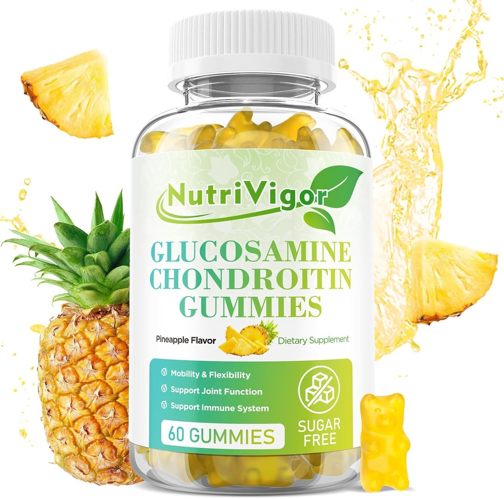 Glucosamine Chondroïtine Gummies, Extra sterkte Joint Support Supplement met MSM & Vlierbes, Antioxidant Immune Ondersteuning voor volwassenen, Ananas smaak, 60 Tellen