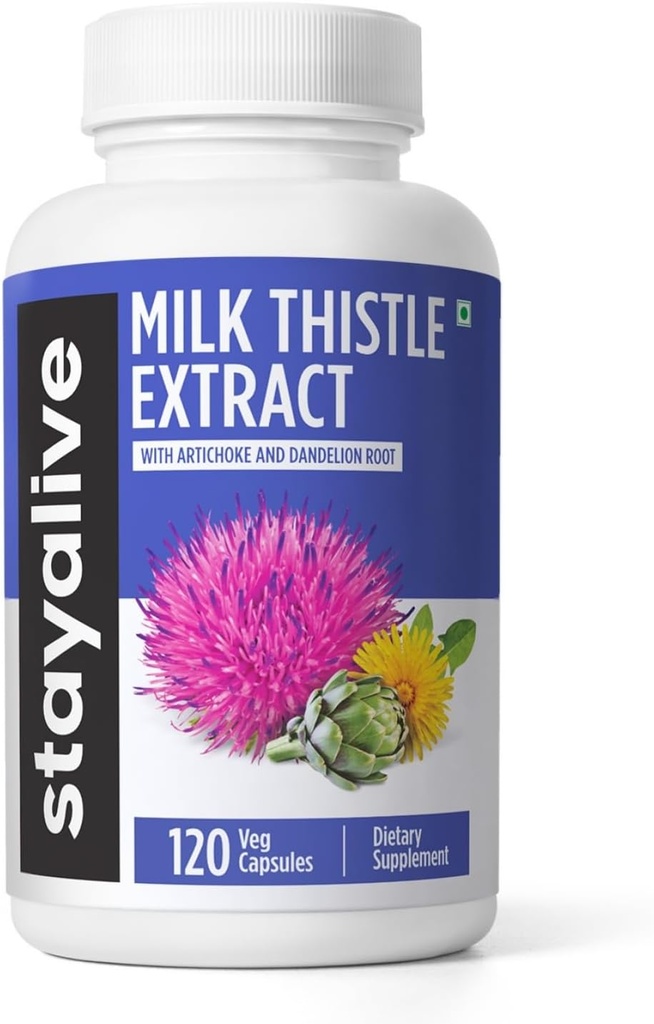 STAY LEVENDE Melkdistel Supplement met Dandelion Root en Artichoke Extract, 80% Silymarin Complex, 120 pillen, 100% Pure Artichoke Leaf Extract Poeder, Non-GMO & Glutenvrije Kruiden Capsules