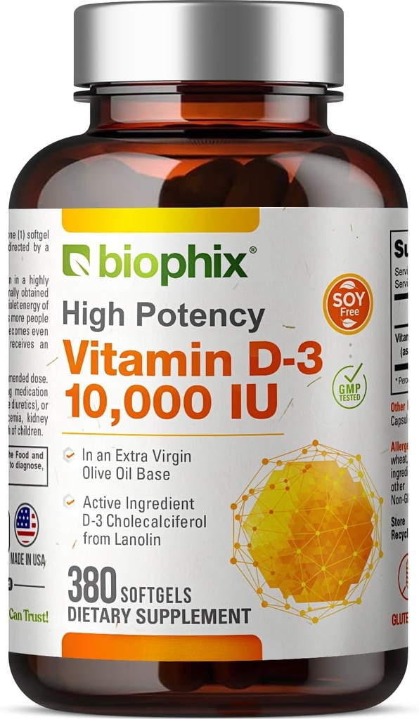 biophix Vitamin D-3 10000 IU 380 Softgels - High-Potency in Extra Virgin Olive Oil Non-GMO Soy-Free Supports Strong Bones Immune Health