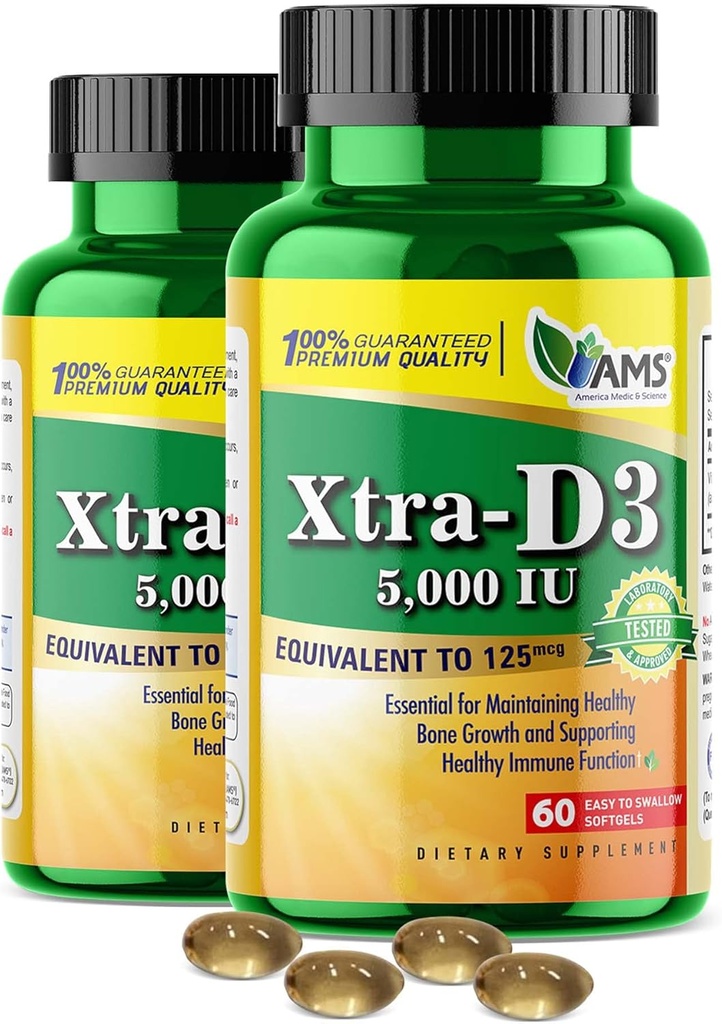 America Medic & Science Xtra D3 Vitamine D 5.000 IE (125 mcg)Cholecalciferol Supplement for Men & Women(120Easy to Swallow Softgels) 2pack