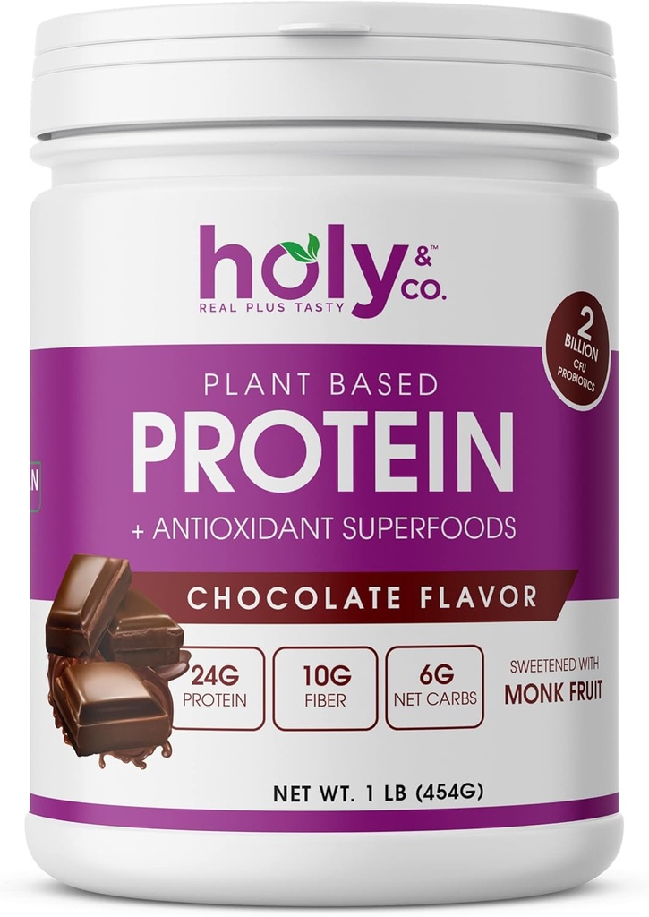 Holy & Co. Plant Based Protein Blend Shake, Glutenvrije Chocolade smaak, Kosher, voor mannen en vrouwen, 2 miljard Probiotica, Monk Fruit Sugar- 16 oz (1 LB)